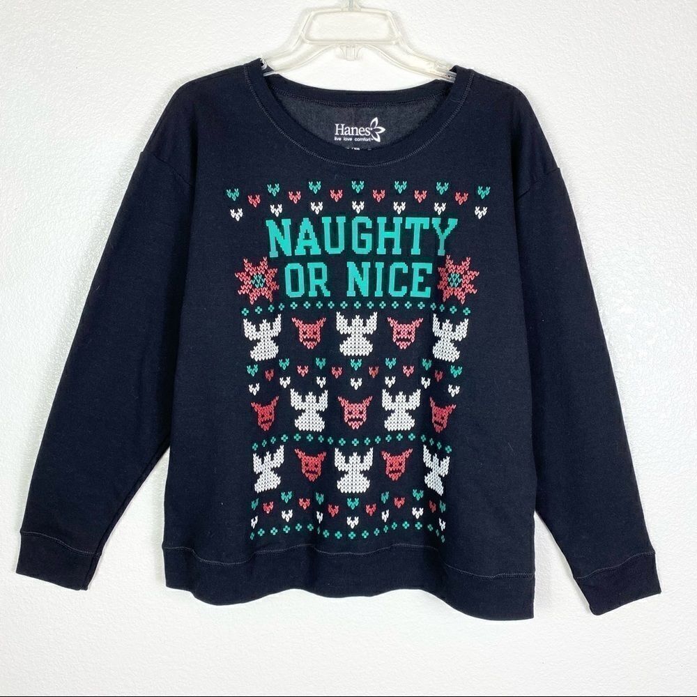 Hanes Black Colorful Naughty or Nice Christmas Sweatshirt Sweater